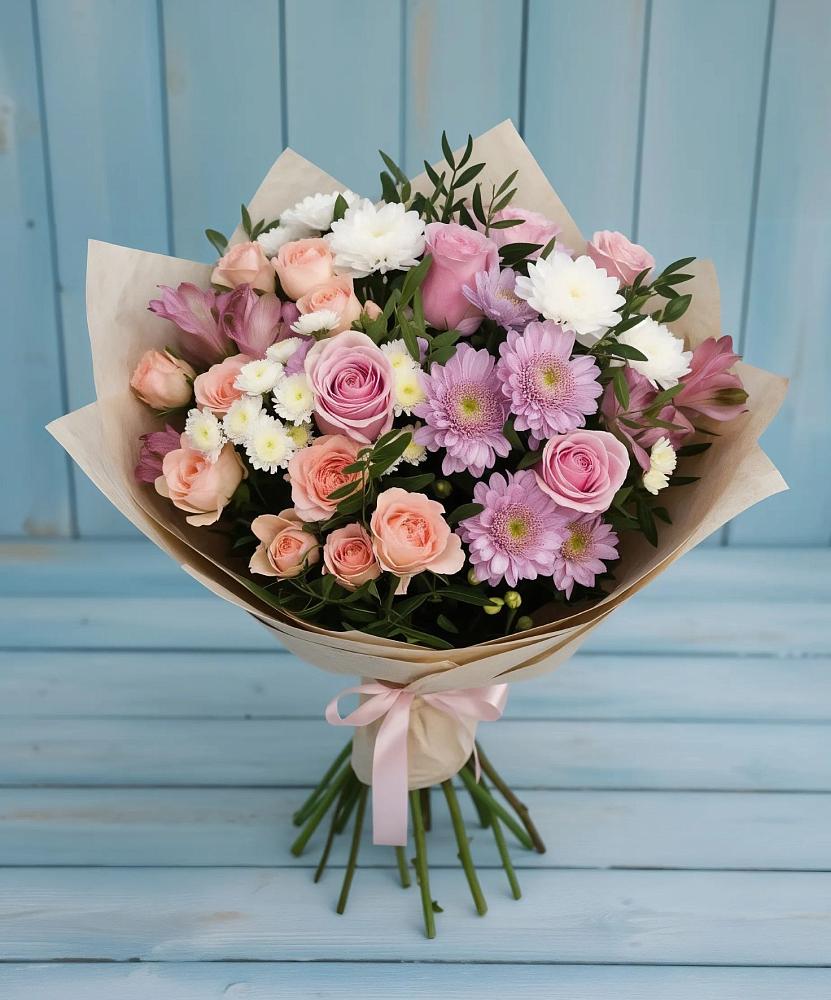 Букет цветов из: Хризантемы, Розы и Альстромерии в Лузе