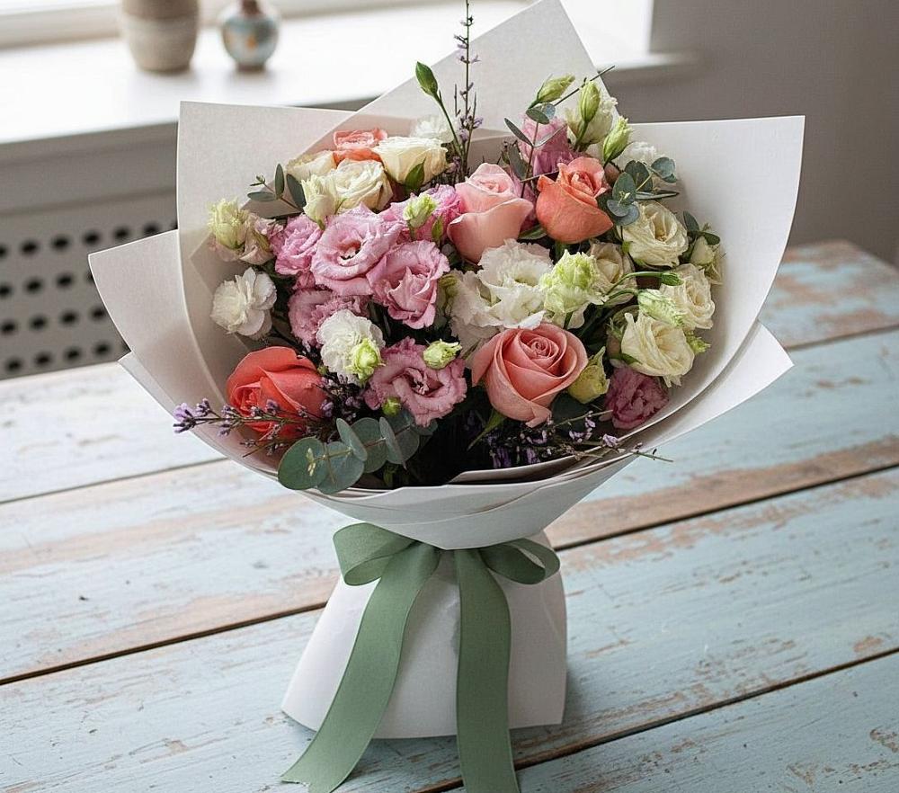 Букет цветов из: Розы, Лизиантусы и Гвоздики в Лузе