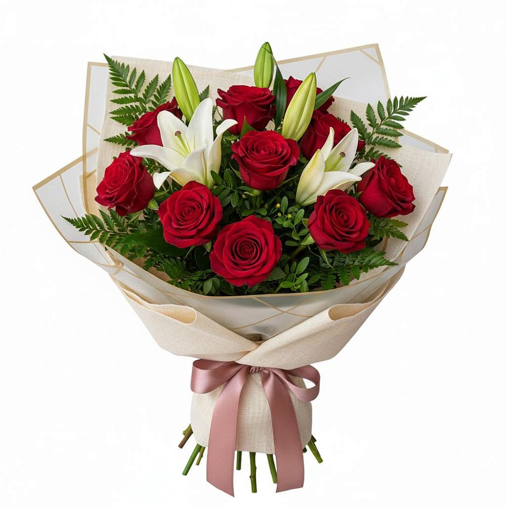 Букет цветов из: Лилии и Розы в Лузе