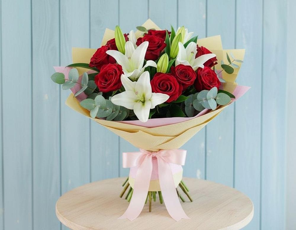 Букет цветов из: Лилии и Розы в Лузе