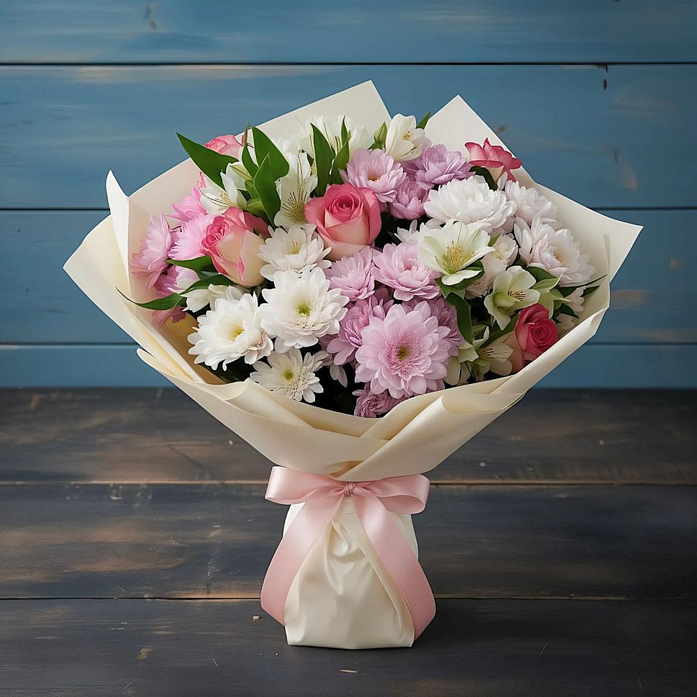 Букет цветов из: Хризантемы, Альстромерии и Розы в Лузе